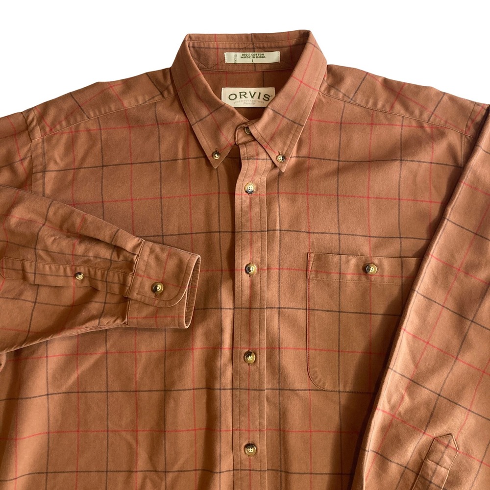 Orvis Shirt Mens L Rust Brown Windowpane Check Button Down Shirt SW4135/37R3‎